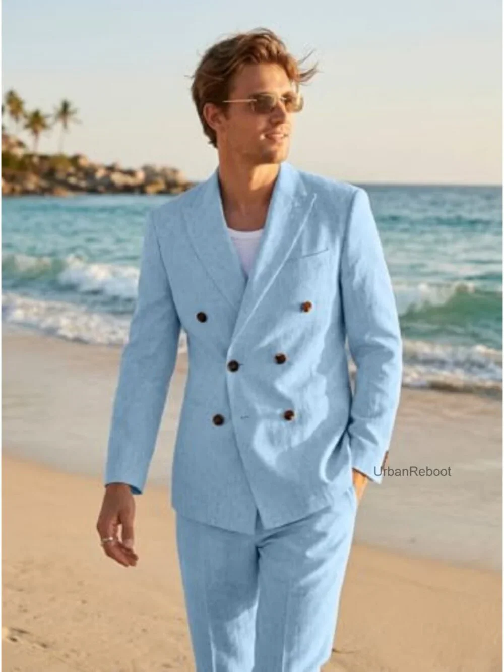 Men's Linen Blend 2-Piece Suit, Double Breasted Blazer & Pants, Wedding